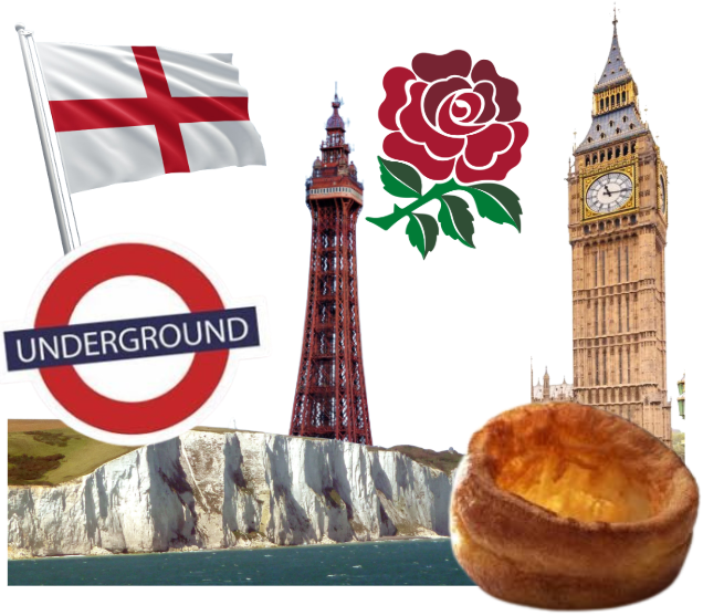 Collage of British symbols: St George's flag, Blackpool Tower, rose, Underground sign, Big Ben, white cliffs, and a Yorkshire pudding.