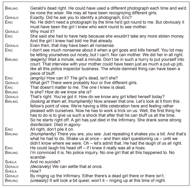 A dialogue excerpt from a play featuring characters Birling, Gerald, Eric, and Sheila discussing the possibility of multiple girls involved in a death mystery.