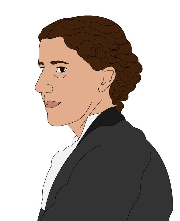 Illustration of a person in profile with brown, wavy hair, wearing a formal black jacket and white shirt, set against a plain white background.