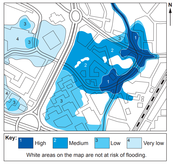 Flood risk map showing graded areas: dark blue for high, medium blue for medium, light blue for low, and very light blue for very low flood risk.
