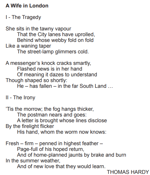 Poem titled "A Wife in London" by Thomas Hardy, featuring two parts: "The Tragedy" and "The Irony," describing a wife receiving sad news.
