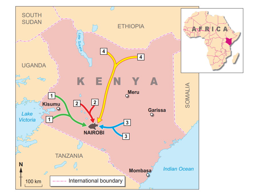 Map of Kenya showing major roads from Nairobi to Kisumu, Mombasa, Meru, and Garissa. Inset map shows Kenya’s location in Africa.