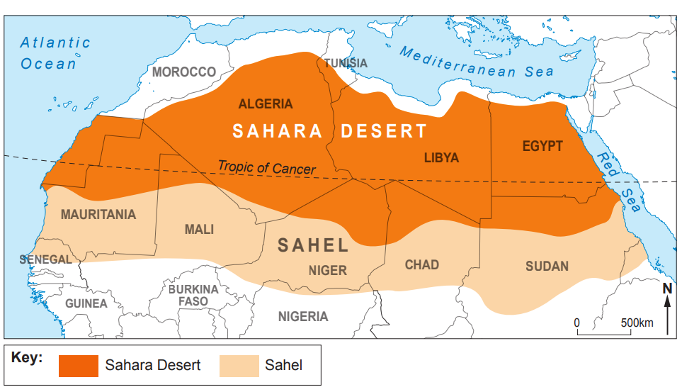 Map of Northern Africa showing the Sahara Desert in dark orange and the Sahel in light orange. Includes countries and key geographic features.