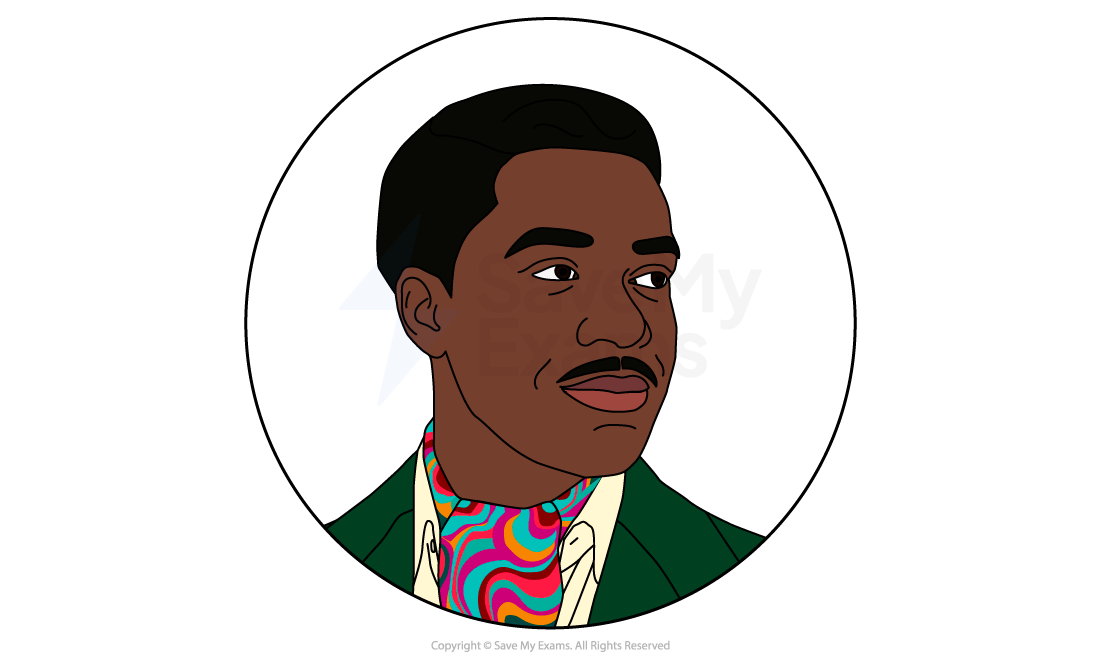 Image of Guy from Blues for an Alabama Sky: Illustration of a person with short black hair and a moustache, wearing a green blazer and a vibrant, multicoloured scarf, looking to the side.