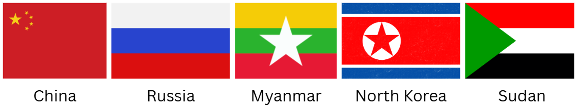 Five national flags: China, Russia, Myanmar, North Korea, and Sudan, each with unique colours and emblems, labelled below.