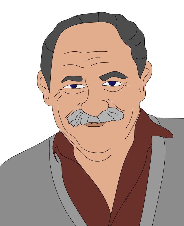 Illustration of an older man with short hair and a moustache, wearing a grey cardigan over a brown shirt, smiling subtly, on a plain background.