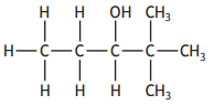 Structural formula of an organic compound with six carbon atoms, including an alcohol group (OH) attached to the second carbon from the right.