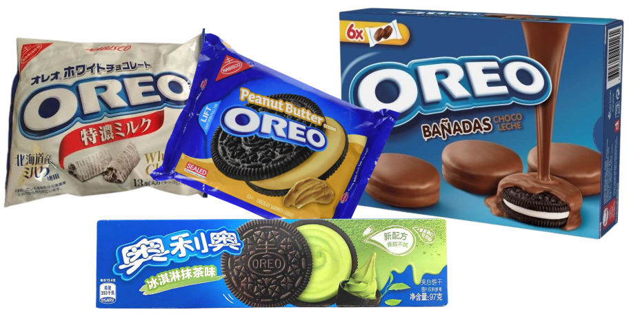 Four Oreo varieties: white chocolate, peanut butter, chocolate-covered, and green tea flavoured, with packaging showcasing each distinct product.