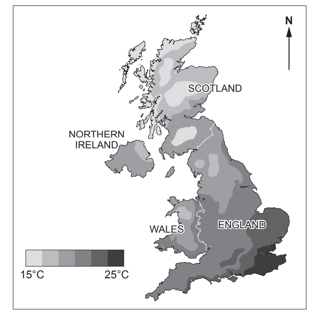 Map of the UK showing temperature ranges from 15°C to 25°C with darker shades indicating warmer regions. Areas labelled: Scotland, England, Wales, Northern Ireland.