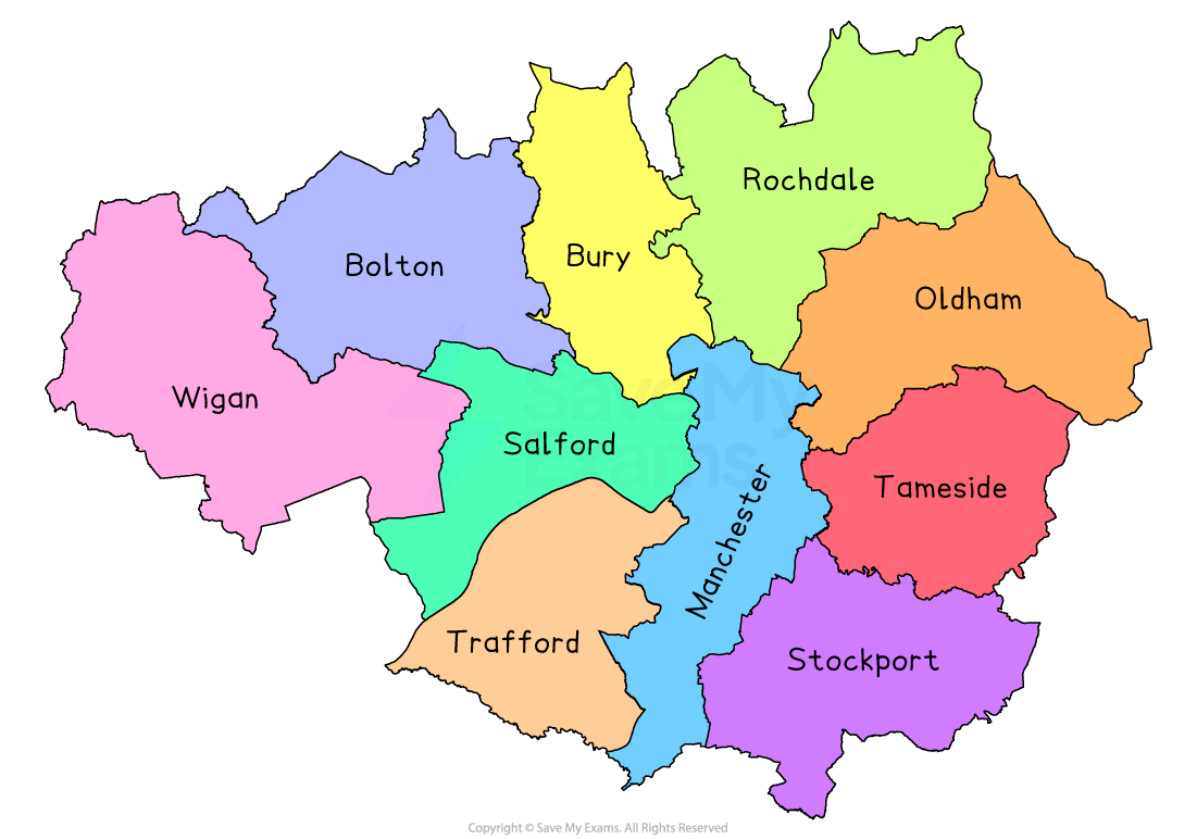 Map of Greater Manchester, England, showing ten boroughs in different colours: Wigan, Bolton, Rochdale, Bury, Oldham, Tameside, Stockport, Manchester, Trafford, Salford.