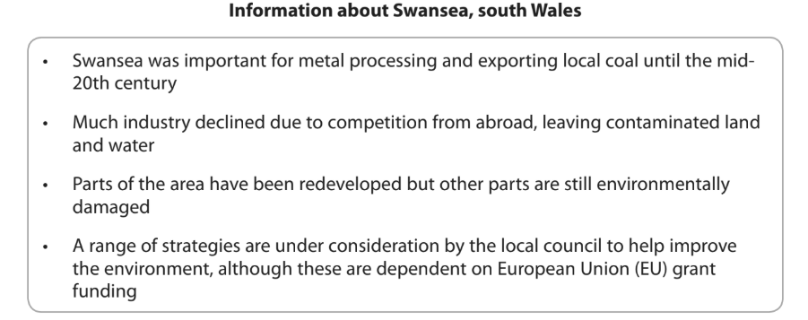 Information box discusses Swansea's historical metal industry, environmental damage, redevelopment, and EU-funded strategies for improvement.