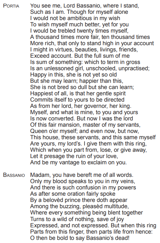 Text from a play featuring Portia expressing devotion and transformation for Bassanio, offering a ring as a token. Bassanio responds with astonishment.