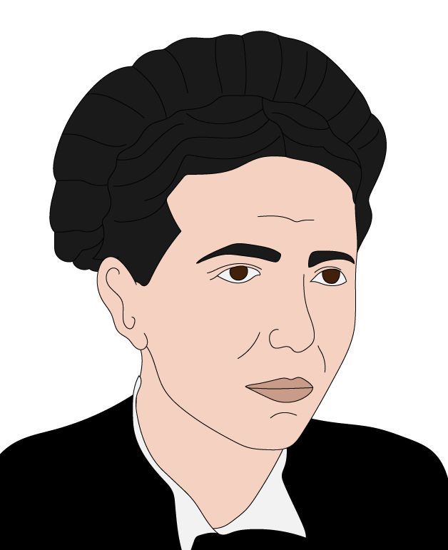 Illustration of a person with dark, stylised hair, wearing a white shirt and black jacket, looking forward. Their expression is calm and neutral.