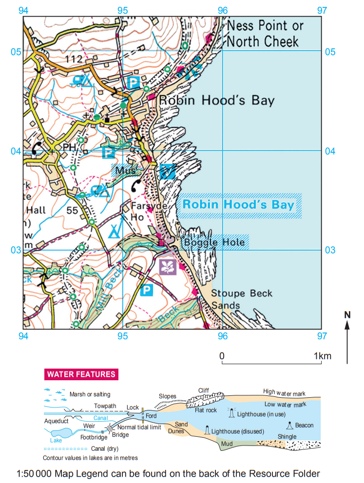 Map showing Robin Hood's Bay with contour lines, paths, and symbols for parking and visitor sites. Includes a map legend for water features.