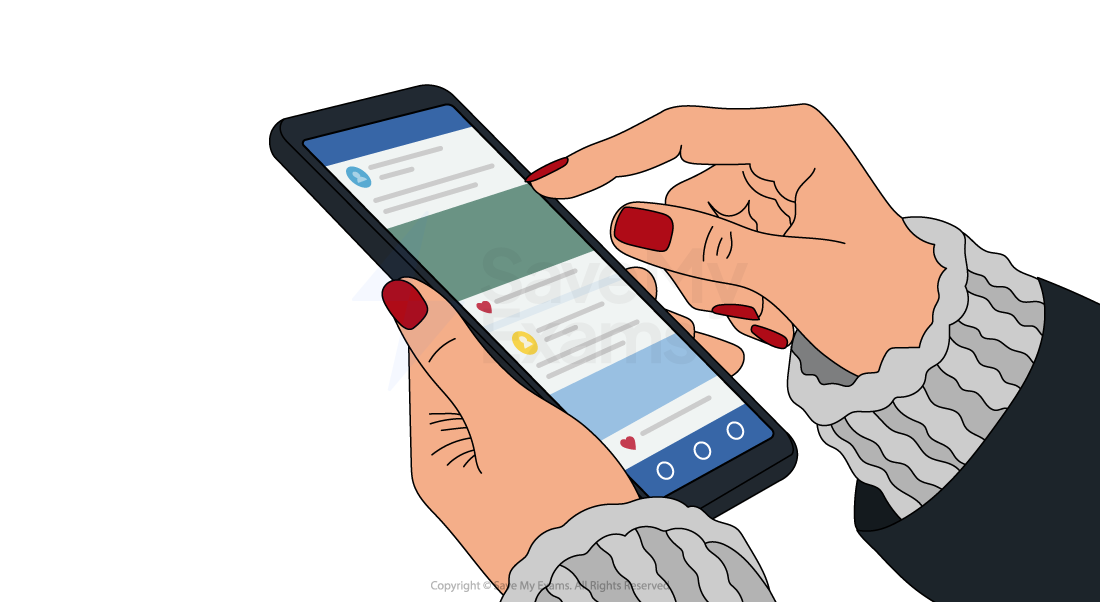Illustration of hands with red nails holding a smartphone, interacting with a social media app displaying posts and icons on the screen.