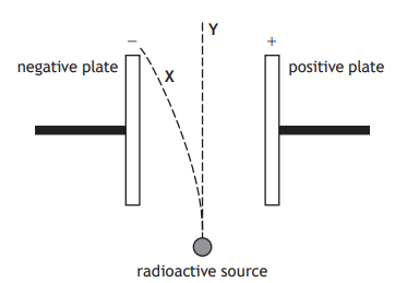 Diagram of radioactive decay showing a source emitting particles. X moves left towards a negative plate; Y moves straight between positive and negative plates.