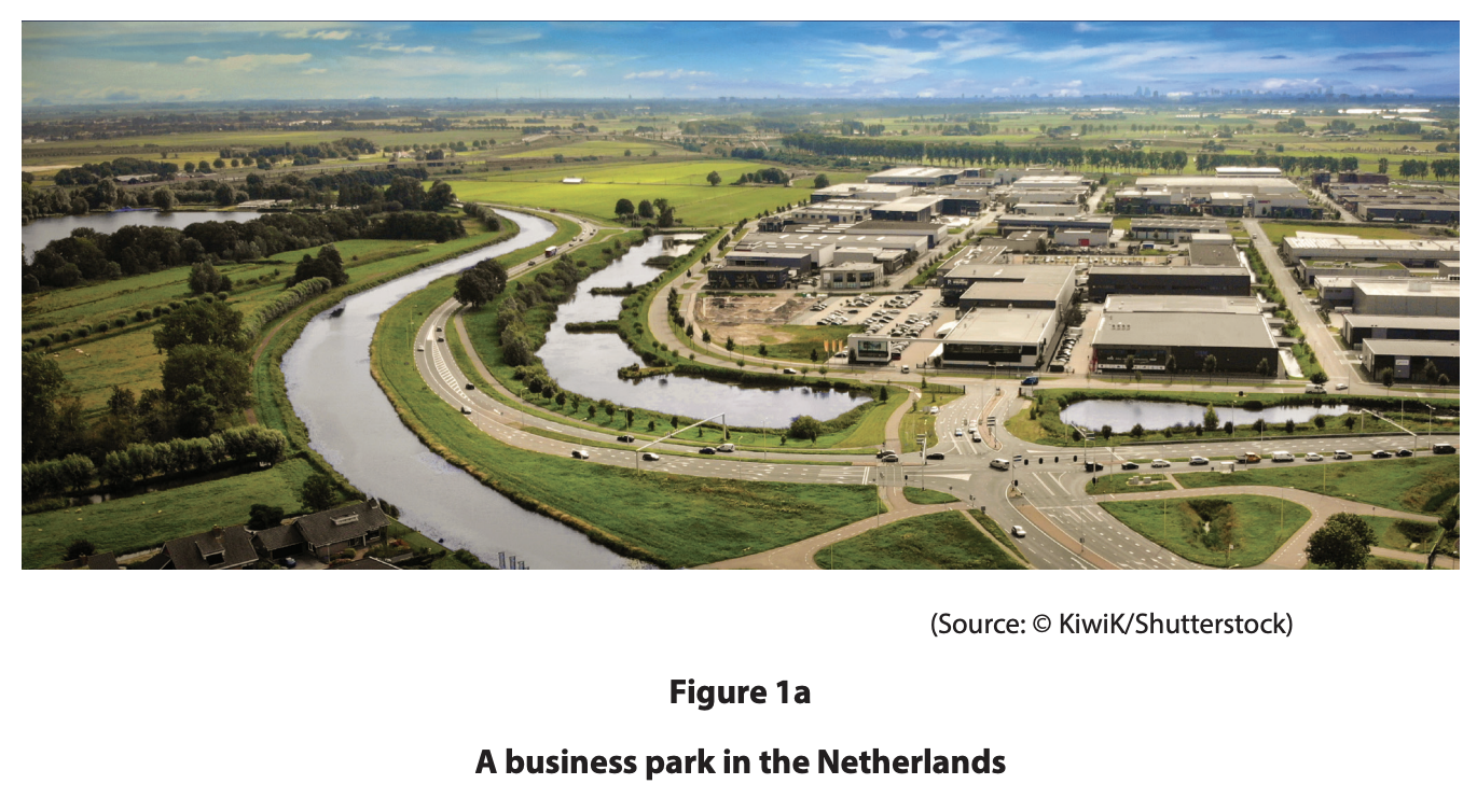 Aerial view of a business park in the Netherlands, bordered by a river, with surrounding fields, roads, and industrial buildings in a green landscape.