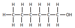 Structural formula of hexanol showing six carbon atoms in a chain, each bonded to hydrogen, with an OH group at the end.