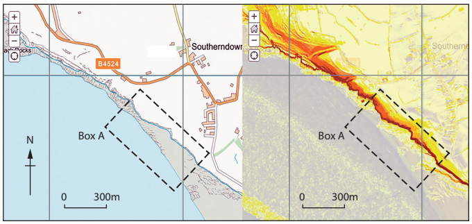 Split map image showing Southerndown on the left with roads and coast, and a topographic heat map on the right highlighting elevation changes.