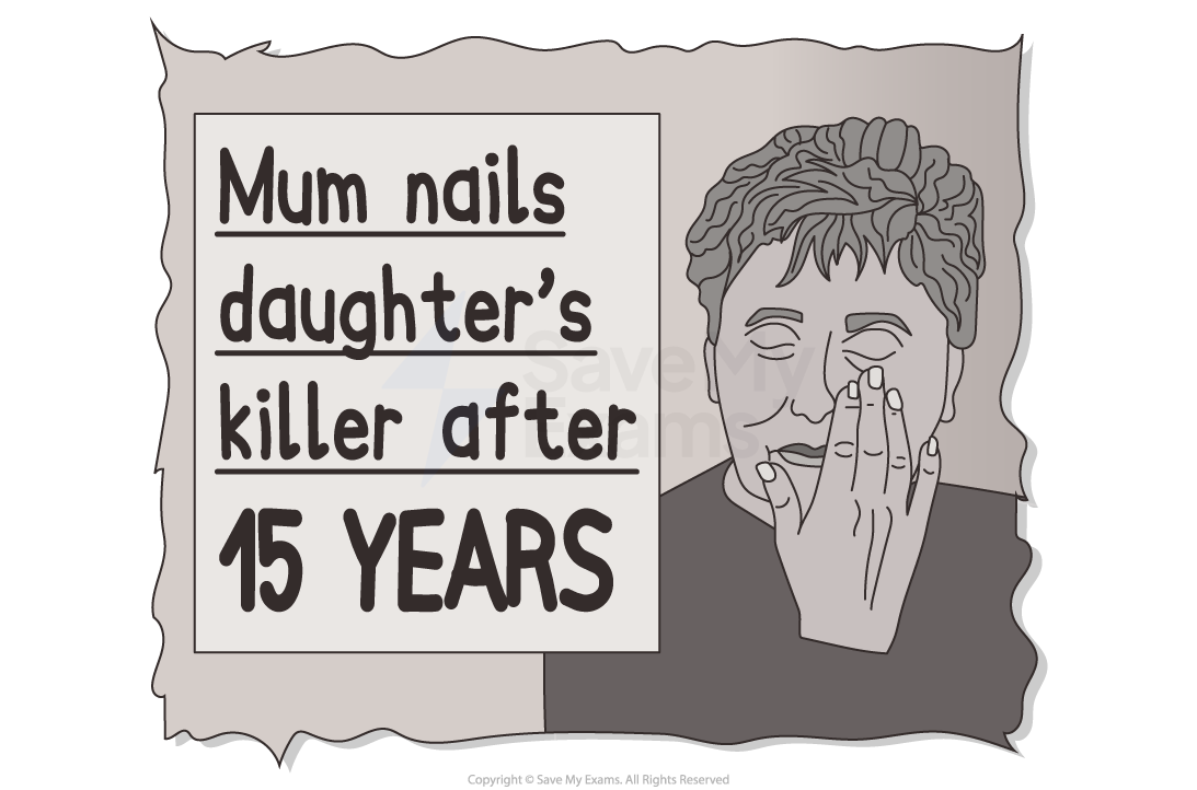 Cartoon depicting a woman covering her face with her hand, accompanied by the text: "Mum nails daughter's killer after 15 years" on a jagged paper background.