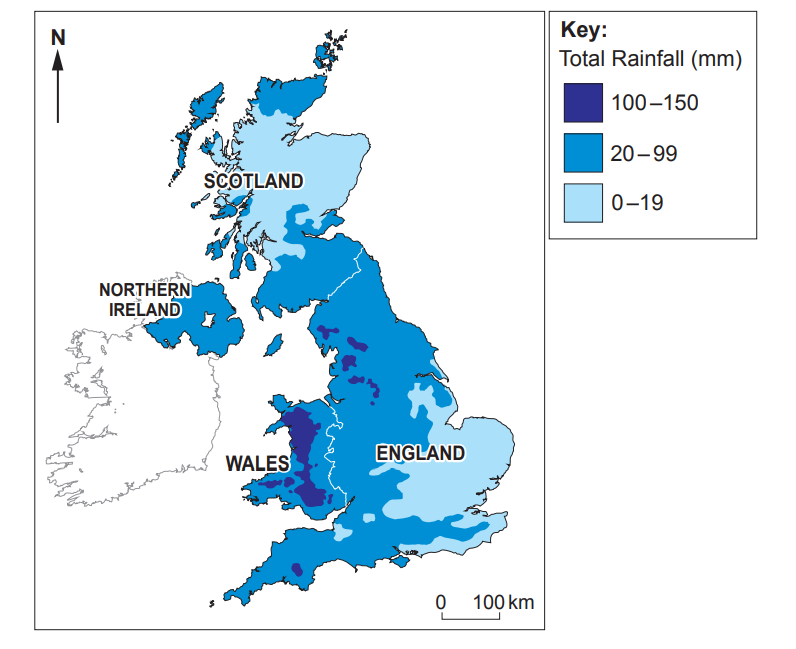 Map of UK showing rainfall in shades of blue: dark blue (100-150 mm), medium blue (20-99 mm), and light blue (0-19 mm), with labelled regions.