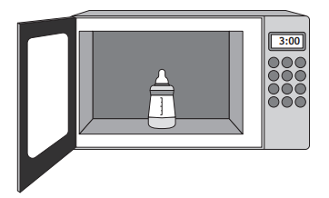 Open microwave with a baby bottle inside, set to 3:00 minutes on the digital display.