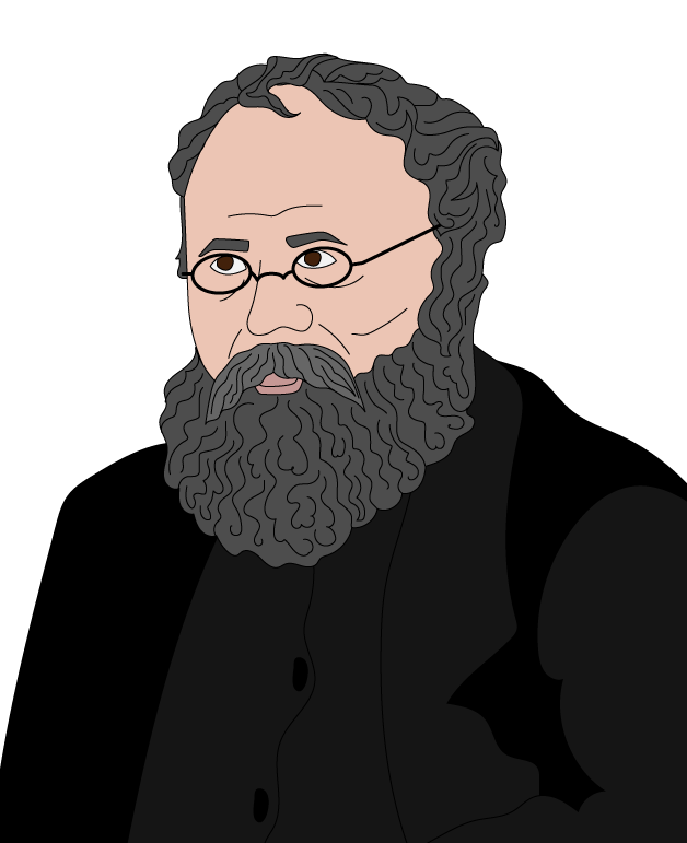 Bearded man with glasses and dark clothing, seated with his arm resting on a table, looking at the camera in a historical black-and-white portrait.