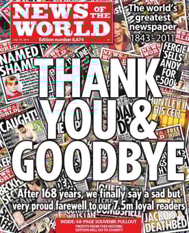 Front page of News of the World with bold headline "Thank You & Goodbye" over a collage of past issues, announcing its closure after 168 years.