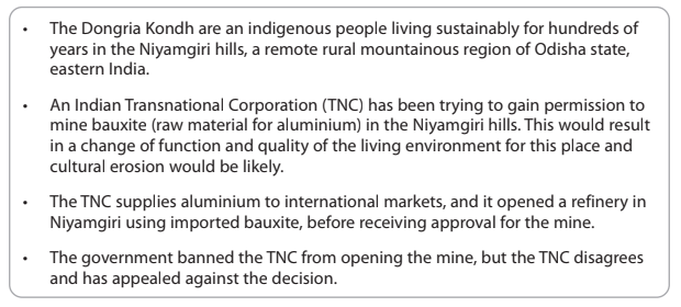 Text discussing the Dongria Kondh's sustainable living in Niyamgiri hills, TNC's bauxite mining plans, government ban, and TNC's appeal against the decision.