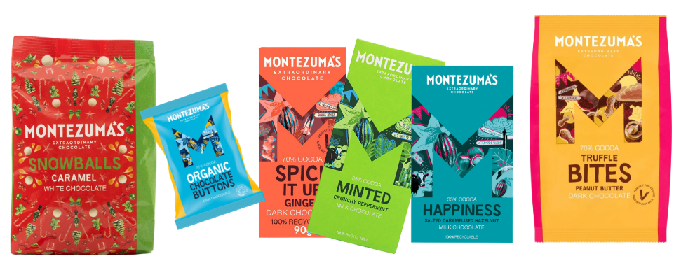 Five Montezuma's chocolate packages displayed, including Snowballs and Truffle Bites, in vibrant packaging colours like red, green, and orange.