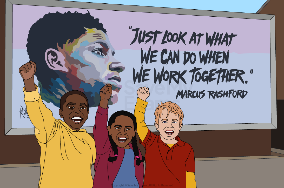 Three children raise fists before a billboard showing a colourful portrait and the quote "Just look at what we can do when we work together," by Marcus Rashford.