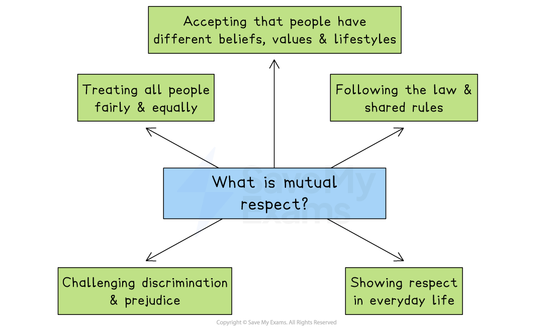 Flowchart explaining mutual respect: accepting beliefs, following laws, treating people equally, challenging prejudice, showing everyday respect.