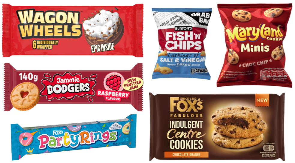 A selection of British snack packaging: Wagon Wheels, Jammie Dodgers, Party Rings, Fish 'n' Chips, Maryland Cookies Minis, and Fox's Chocolate Orange Cookies.