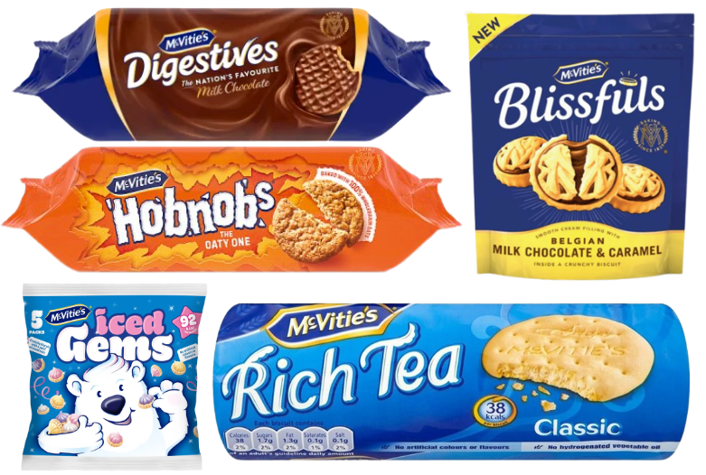 Various McVitie's biscuit packages, including Digestives, Hobnobs, Blissfuls, Iced Gems, and Rich Tea, displayed against a white background.