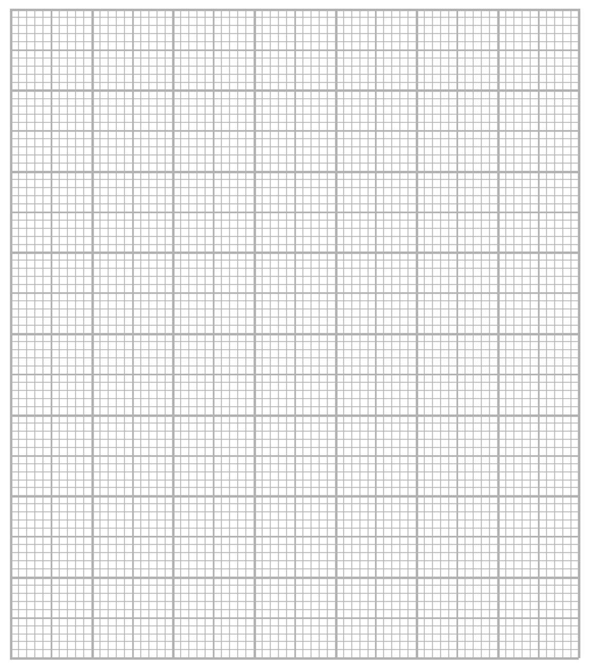 A blank sheet of graph paper with a square grid pattern, featuring bold lines every five squares for emphasis, creating a consistent layout.