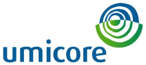 Umicore logo features the name in lowercase blue letters and a circular design with green and blue concentric arcs on the right.