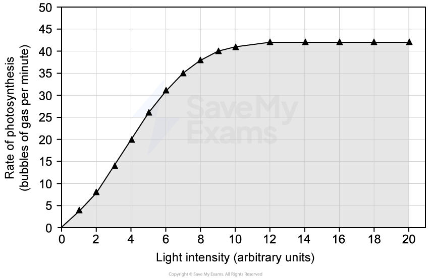 Graph showing the effect of light intensity on the photosynthesis rate in pondweed, with a curve plateauing at higher intensities.