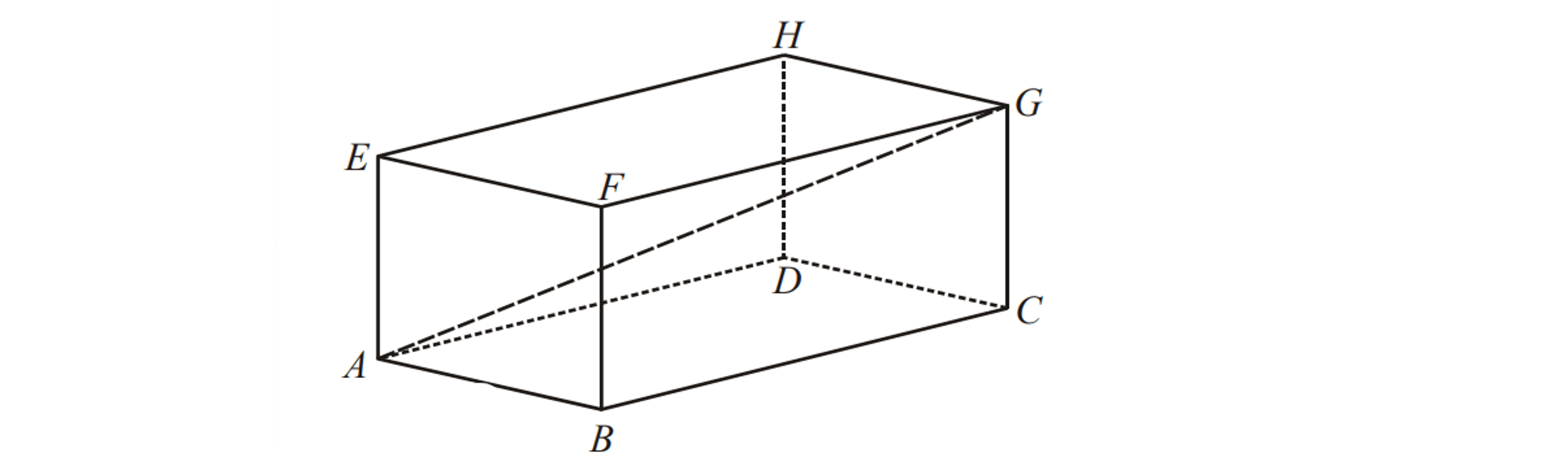 Diagram of a rectangular prism with labelled vertices A to H. Diagonals AD, DF, DE, and DH are dashed lines inside the prism.