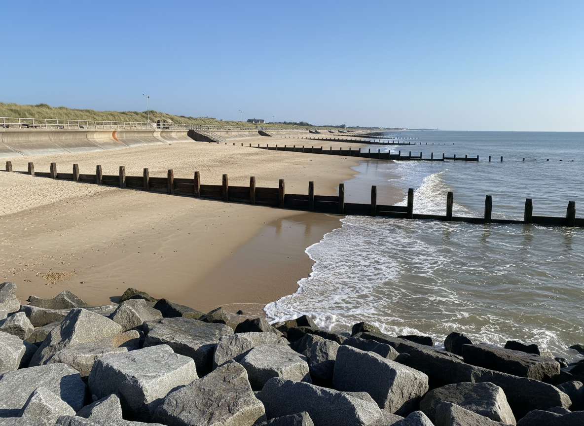Sandy beach with wooden groynes extending into the sea, backed by a concrete promenade and grassy dunes under a clear blue sky.