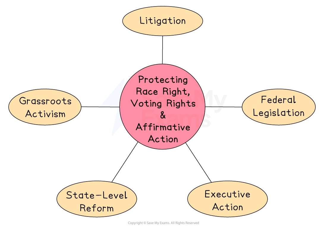 Diagram with central focus on protecting race rights, voting rights, and affirmative action, linked to litigation, legislation, executive action, activism, and reform.