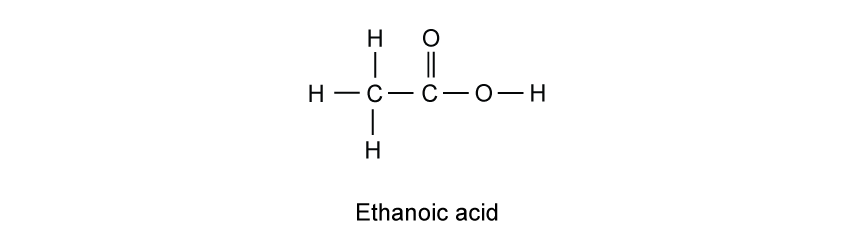 Structural formula of ethanoic acid showing two carbon atoms, three hydrogens bonded to left carbon. Right carbon bonded to oxygen with double-bond. Right carbon bonded to an oxygen that is bonded to a hydrogen.