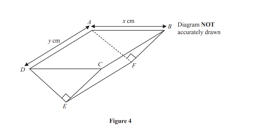 Geometric diagram with labelled points A, B, C, D, E, and F, including right angles at E and F, arrows indicating x cm and y cm. Diagram not to scale.