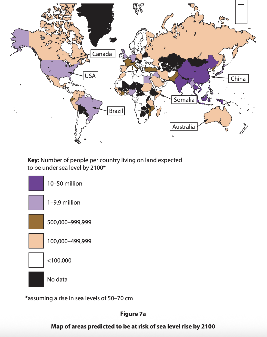 World map showing populations at risk from sea level rise by 2100. Colour-coded: purple (10-50m), lavender (1-9.9m), brown (500k-999k), peach (100k-499k).