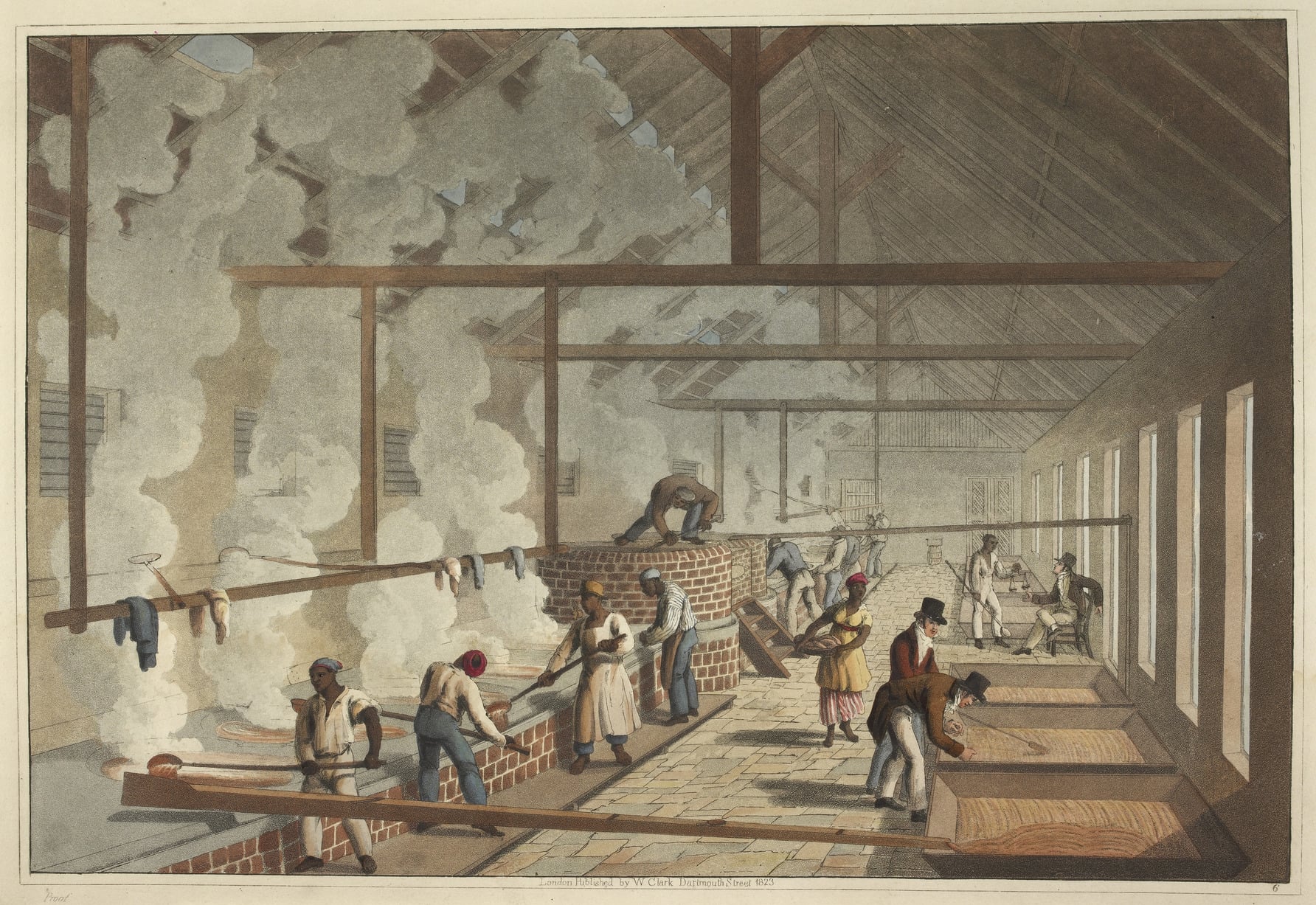 Interior of a busy sugar factory with workers handling large vats of boiling liquid, overseen by a foreman; steam fills the room.