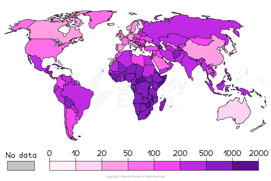 World map showing population density by country, colour-coded from light to dark purple, with darker shades indicating higher density levels.