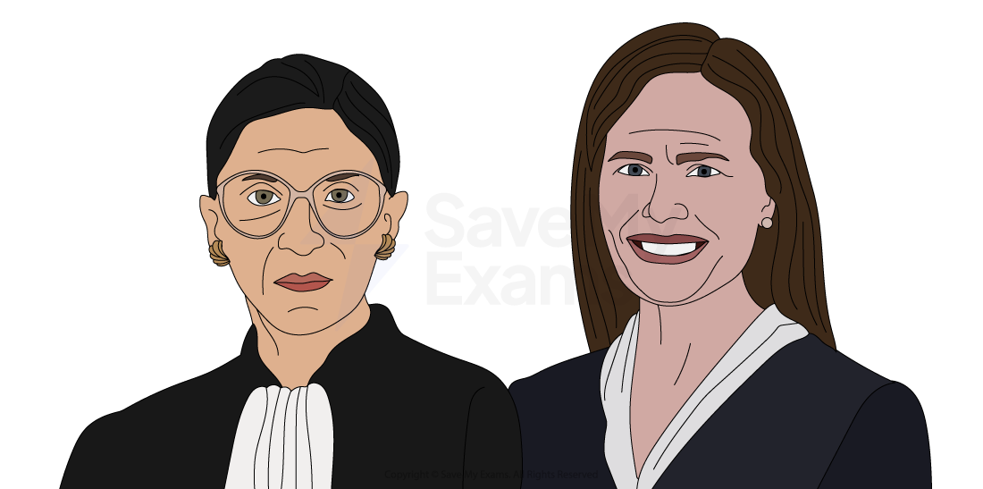 Two women in judicial robes; the first has short grey hair and glasses, wearing a lace collar. The second has long brown hair, wearing a pearl necklace.