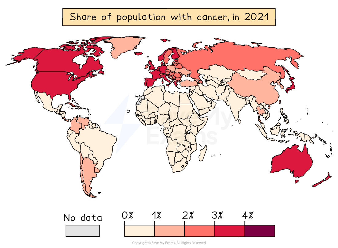 World map illustrating cancer prevalence by country in 2021, with varying shades representing percentages of affected populations, darker indicating higher rates.