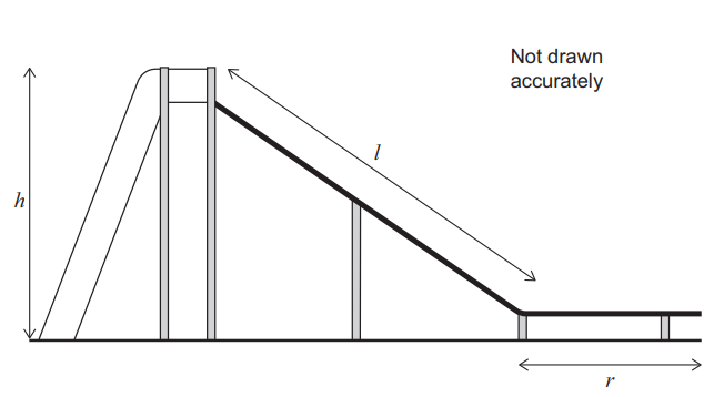 Diagram of a side view of a slide on a triangular framework with marked height (h), slope length (l), and base length (r); note says "Not drawn accurately".