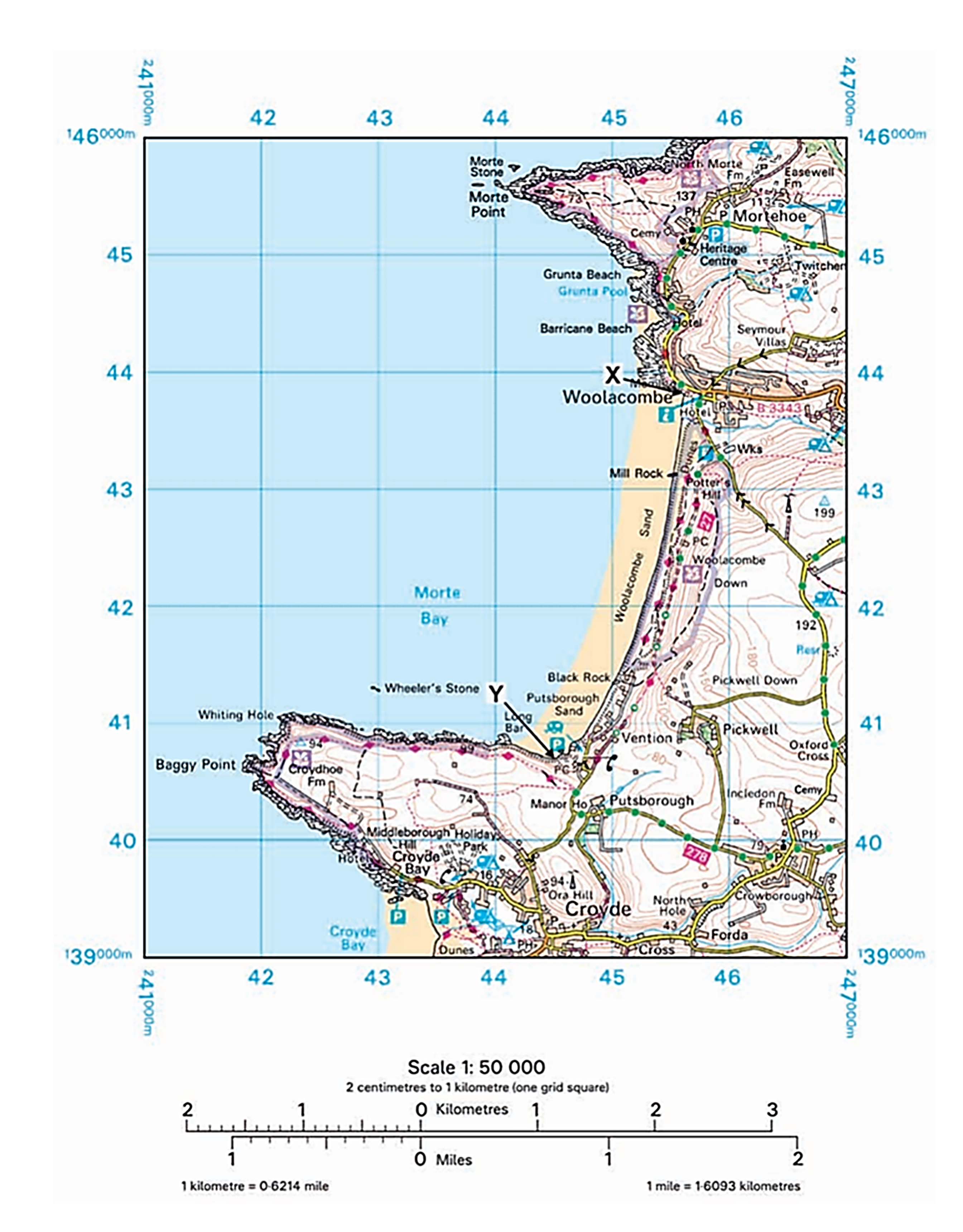 Topographic map showing Woolacombe and Croyde Bay in North Devon, featuring coastal paths, roads, landmarks, and grid references. Scale 1:50000.
