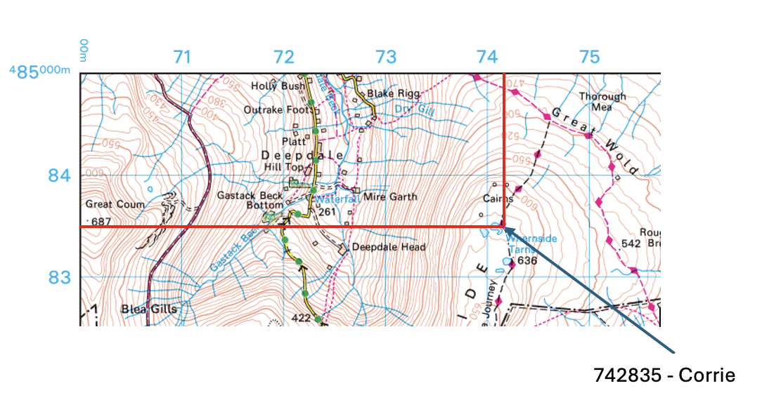 Topographic map showing an area near Deepdale with contour lines, footpaths, streams, and locations like Blea Rigg and Great Coum, marked by a red rectangle.